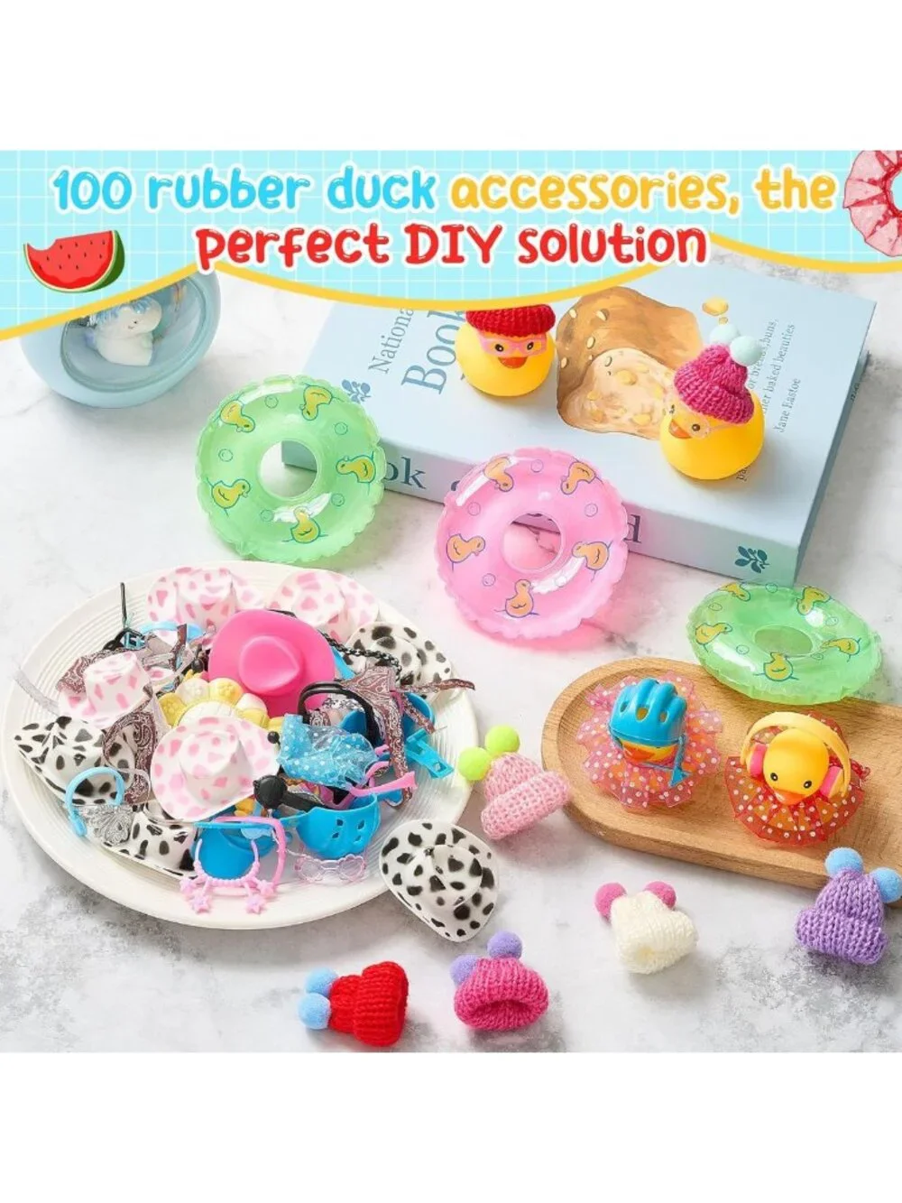 100 Pcs Rubber Duck Party Accessories - Fun Hats, Glasses, Necklaces & Rings